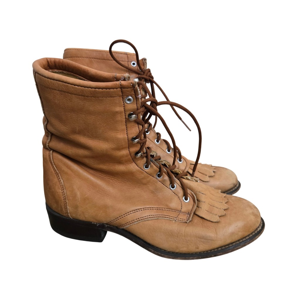 Laredo 7 M Packer Boots Women Tan Good Leather Lace Up Kiltie Western 55056 USA